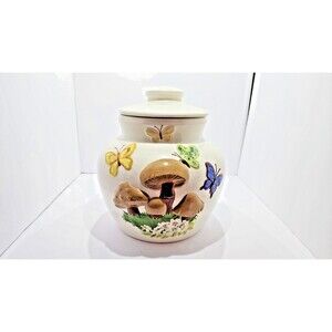 RARE FIND MCM VINTAGE Mushrooms & Butterflies 11” canister/Cookie Jar 70's WOW!